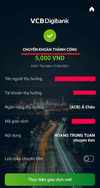 Bill chuyển tiền Vietcombank HỢP PHÁP và thành công