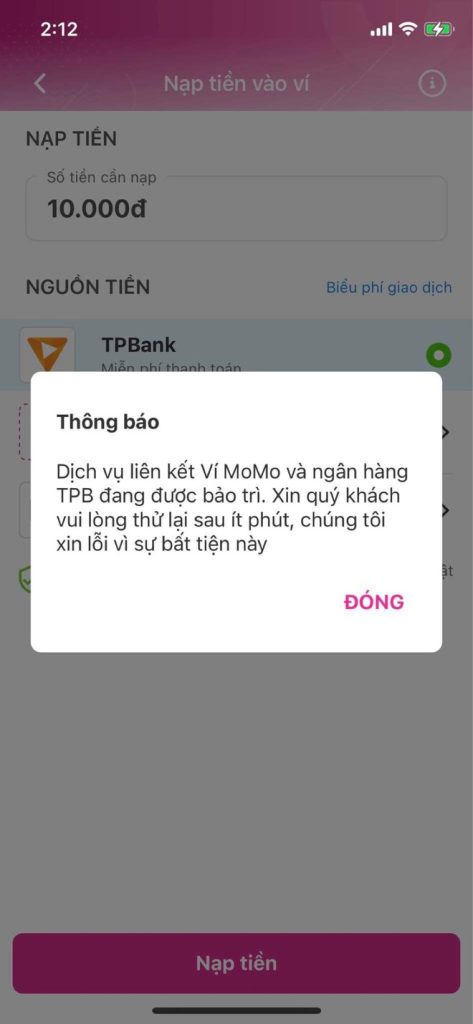 Hệ thống Momo đang bảo trì nâng cấp khiến việc đăng nhập vào ví không thành công