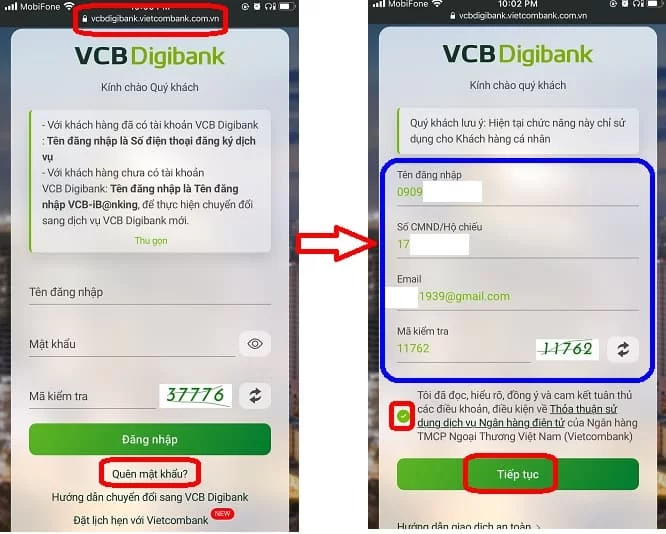 Lấy lại mật khẩu Internet Banking của Vietcombank trên ứng dụng VCB Digibank