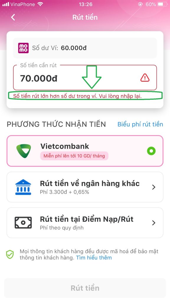 Momo lỗi khi số tiền rút về thẻ ngân hàng vượt quá số dư có trong ví