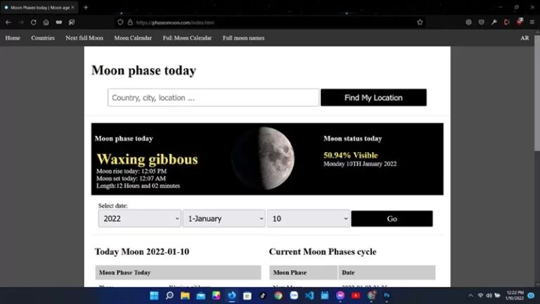 Tìm hình ảnh mặt trăng bằng cách truy cập website Moon Phases today