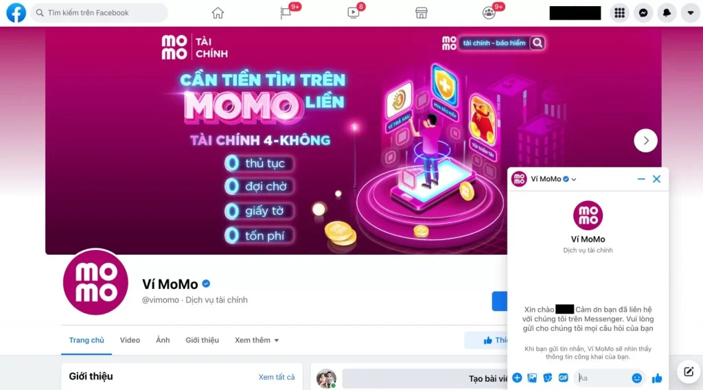 Liên hệ Momo qua khung chat của Fanpage Facebook