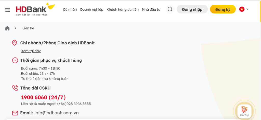 Phương thức liên hệ với HD Bank